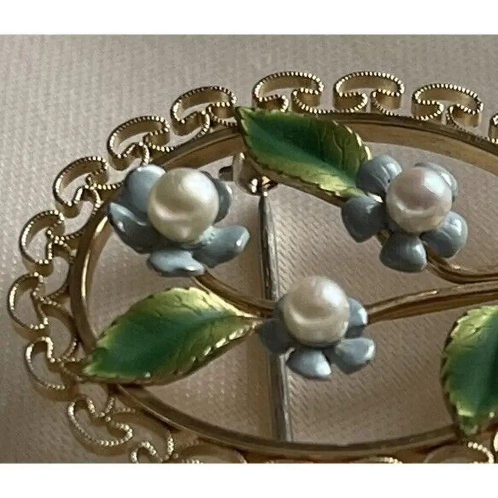 Vintage Krementz Gold Filled Forget Me Not Flower Filigree Brooch Pin Pearl Oval